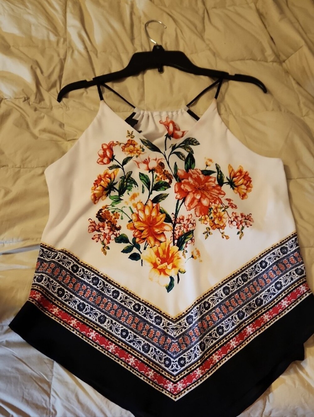 Iz Byer White Floral Halter Camisole with Orange and Yellow Blooms
